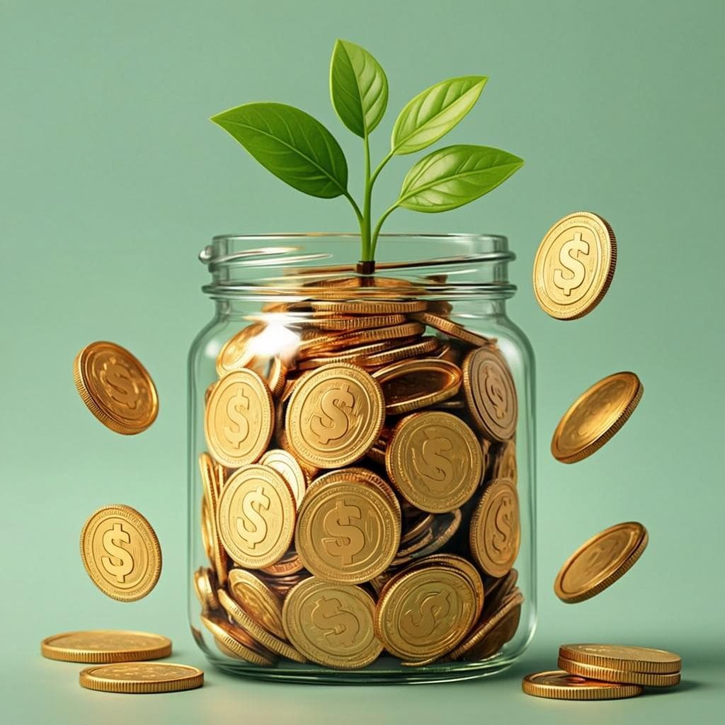 Glass jar filled with coins and a growing money plant
